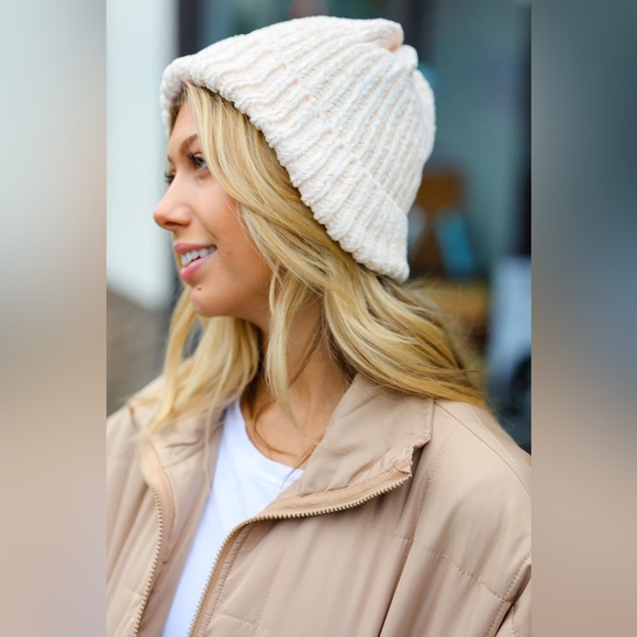 Cream Knit Velvet Chenille Fold Over Beanie - Picture 1 of 7